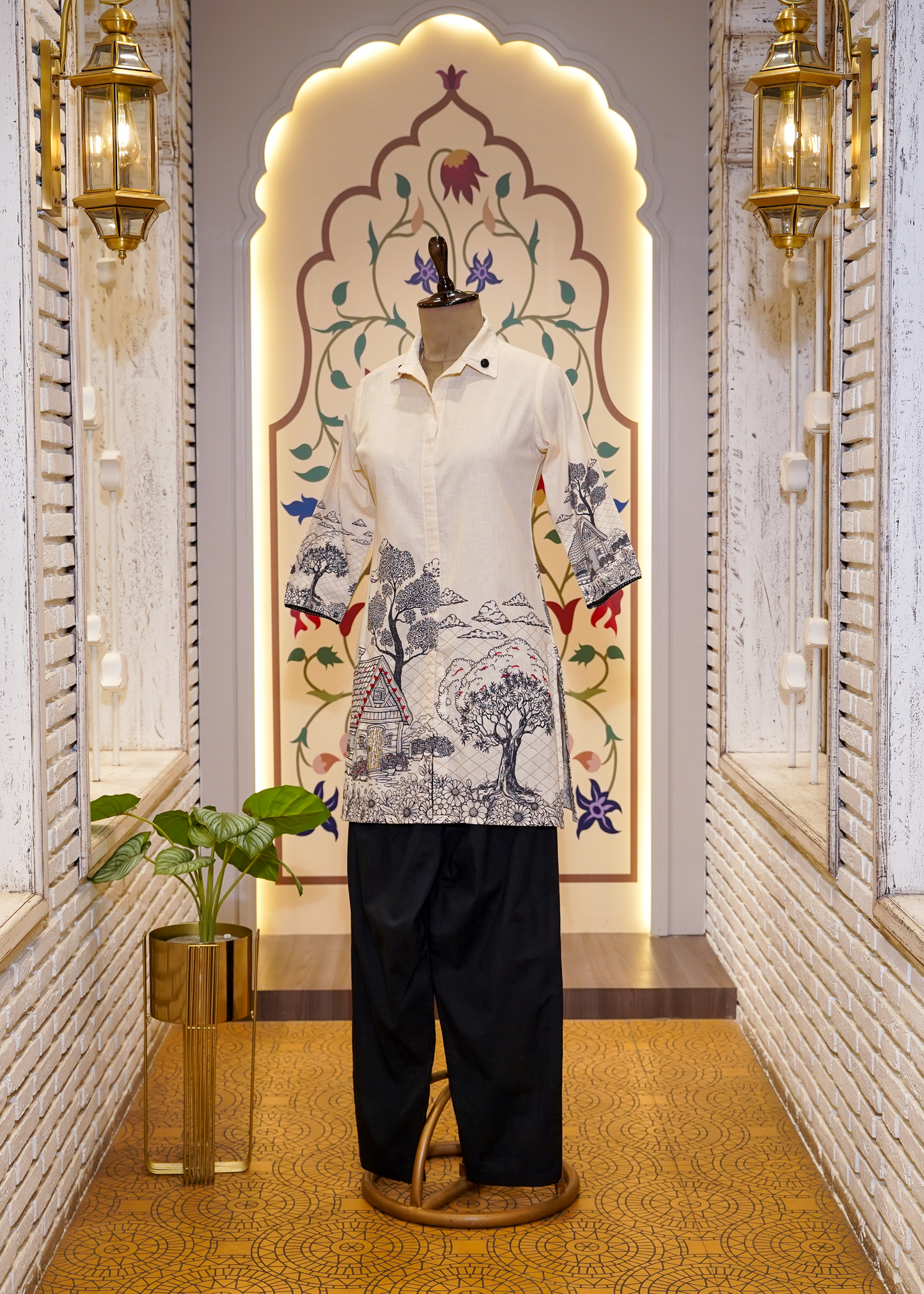 Cream Cotton Printed Co-ord Set with Collars and Black Bottom