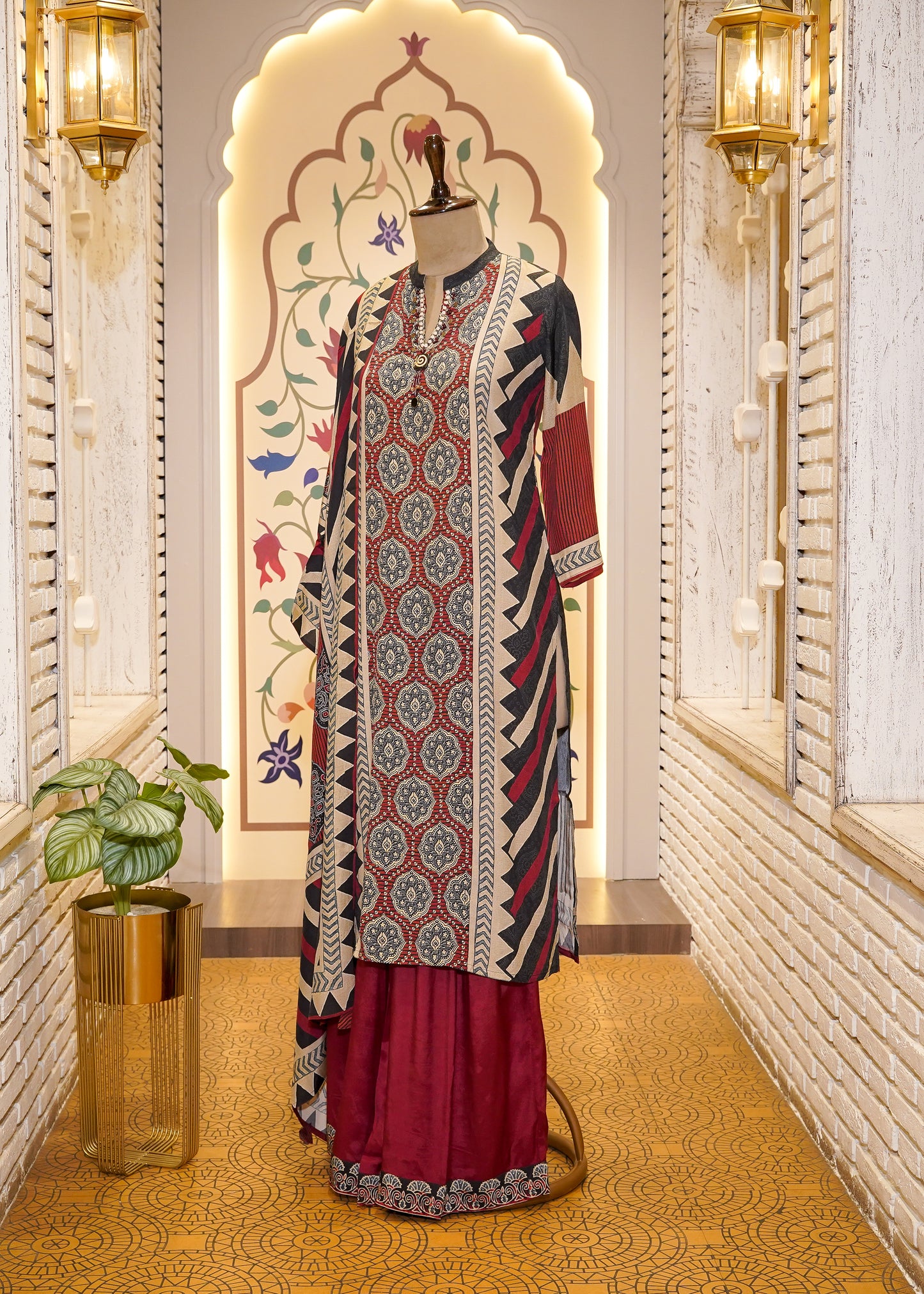 Red & Black Muslin Ajrak Printed 3-Piece Kurti Set