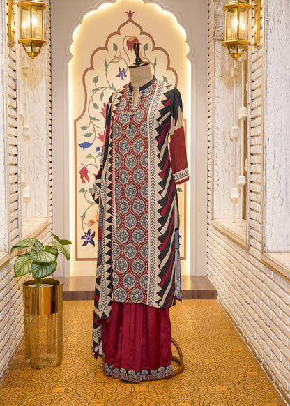Red & Black Muslin Ajrak Printed 3-Piece Kurti Set