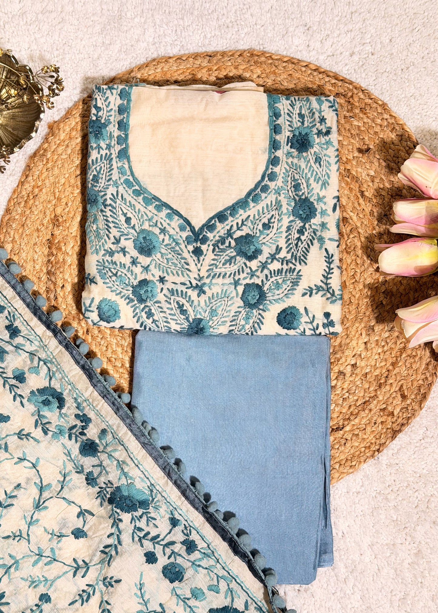 Ivory Chanderi with Blue Kantha Embroidery Unstitched Suit Set