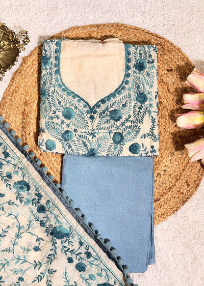 Ivory Chanderi with Blue Kantha Embroidery Unstitched Suit Set
