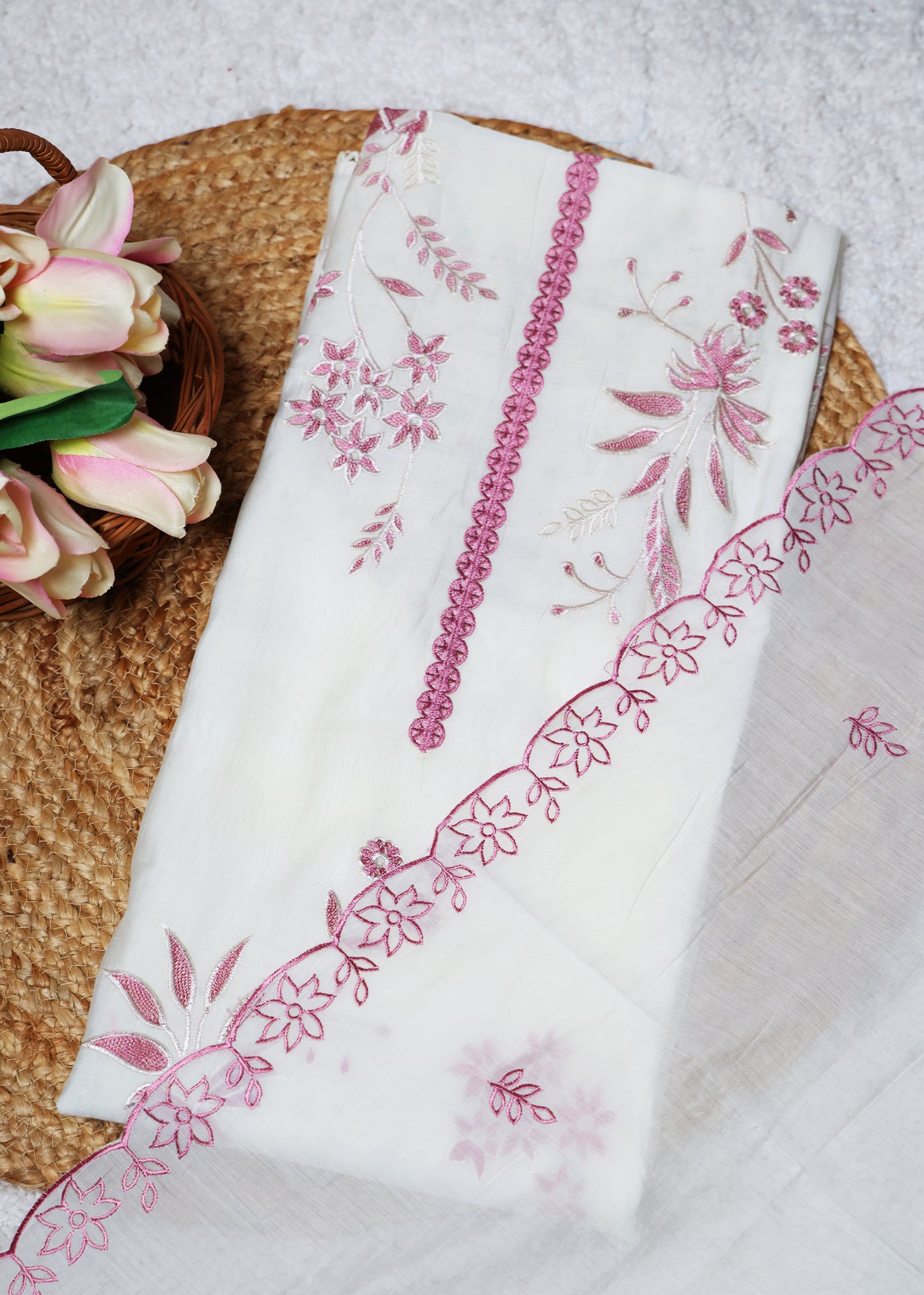 Pearl White & Pink Floral Unstitched Suit Set