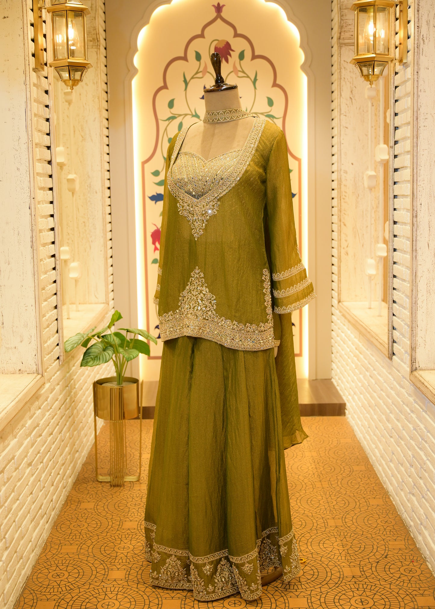 Zehra Olive Embellished Cape Plazo Set