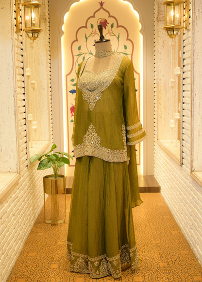 Zehra Olive Embellished Cape Plazo Set