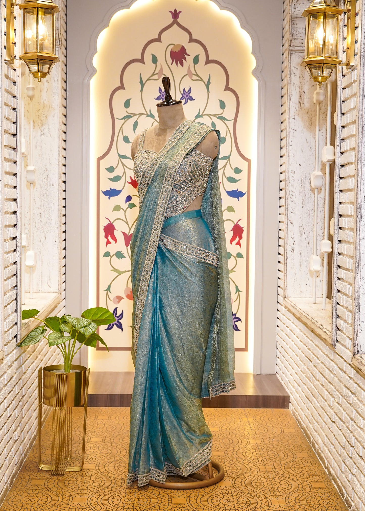 Dusty Blue Crush Tissue Drape Saree with Embroidered Blouse