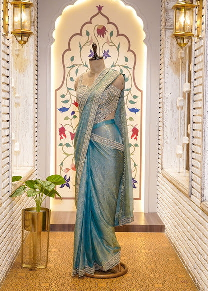 Dusty Blue Crush Tissue Drape Saree with Embroidered Blouse