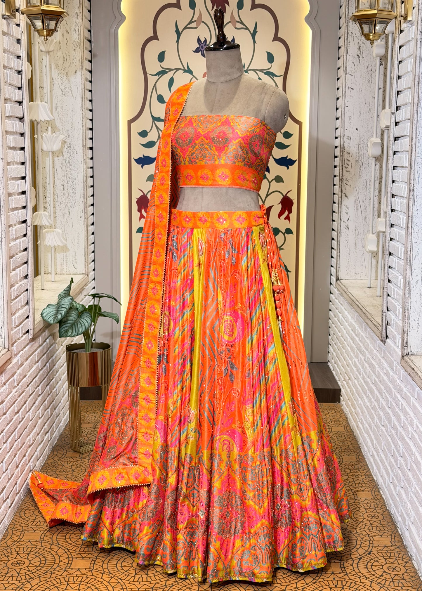 Neon Orange Hand Embellished Silk Lehenga with Unstitched Blouse