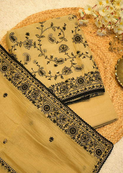 Tuba Beige & Black Aari Work Unstitched Suit Set