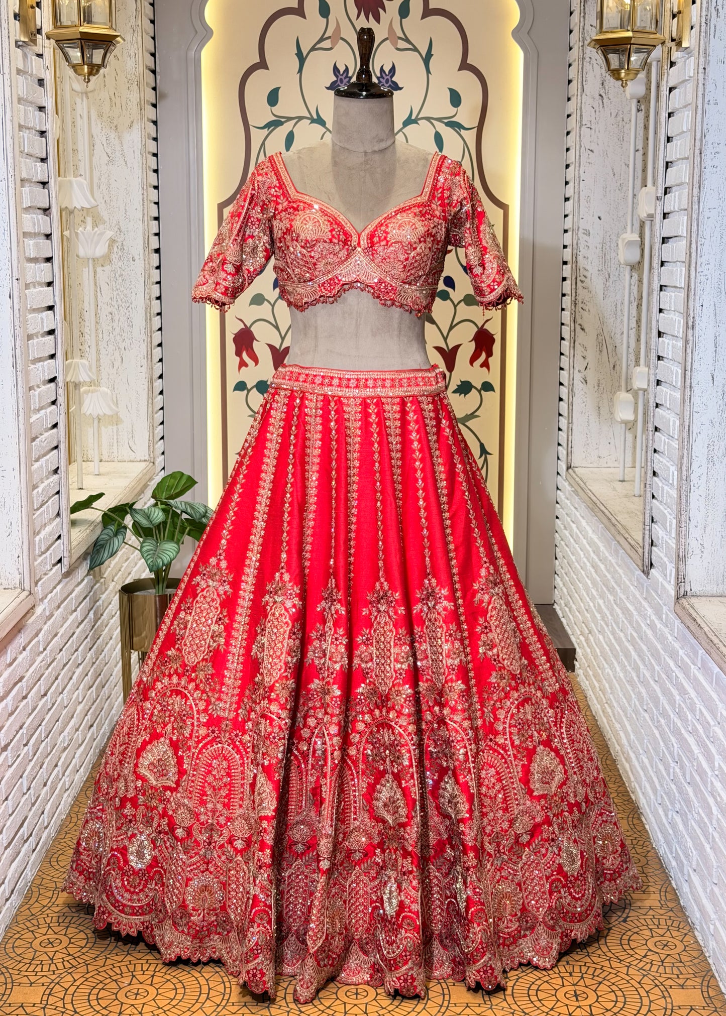 Red Bead Embroidered Mehrab Style Bridal Lehenga with Stitched Blouse & 2 Dupattas