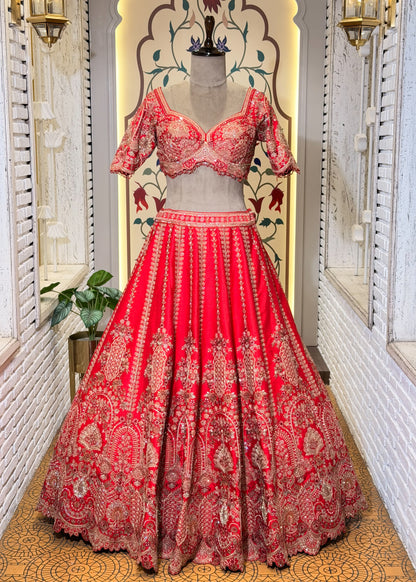 Red Bead Embroidered Mehrab Style Bridal Lehenga with Stitched Blouse & 2 Dupattas