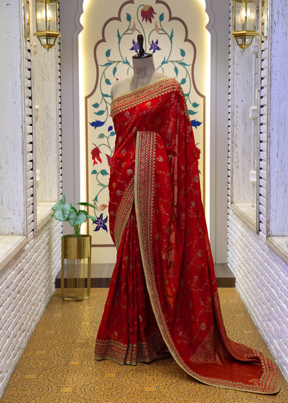 Meenakshi Red Heavy Border Bridal Saree with Unstitched Blouse
