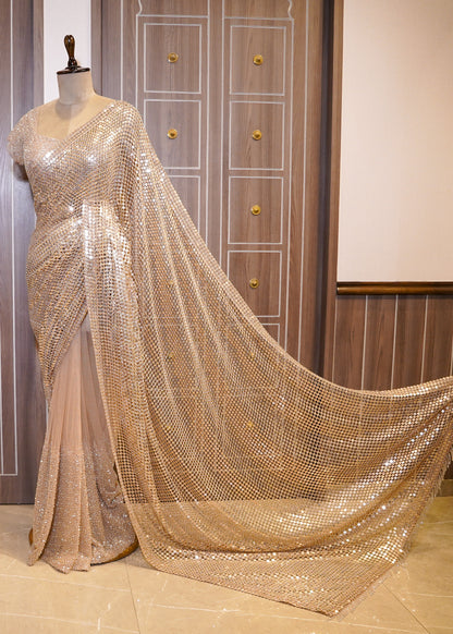 Golden Designer Pallu Saree with Hand Embroidered Pletes and Stitched Blouse