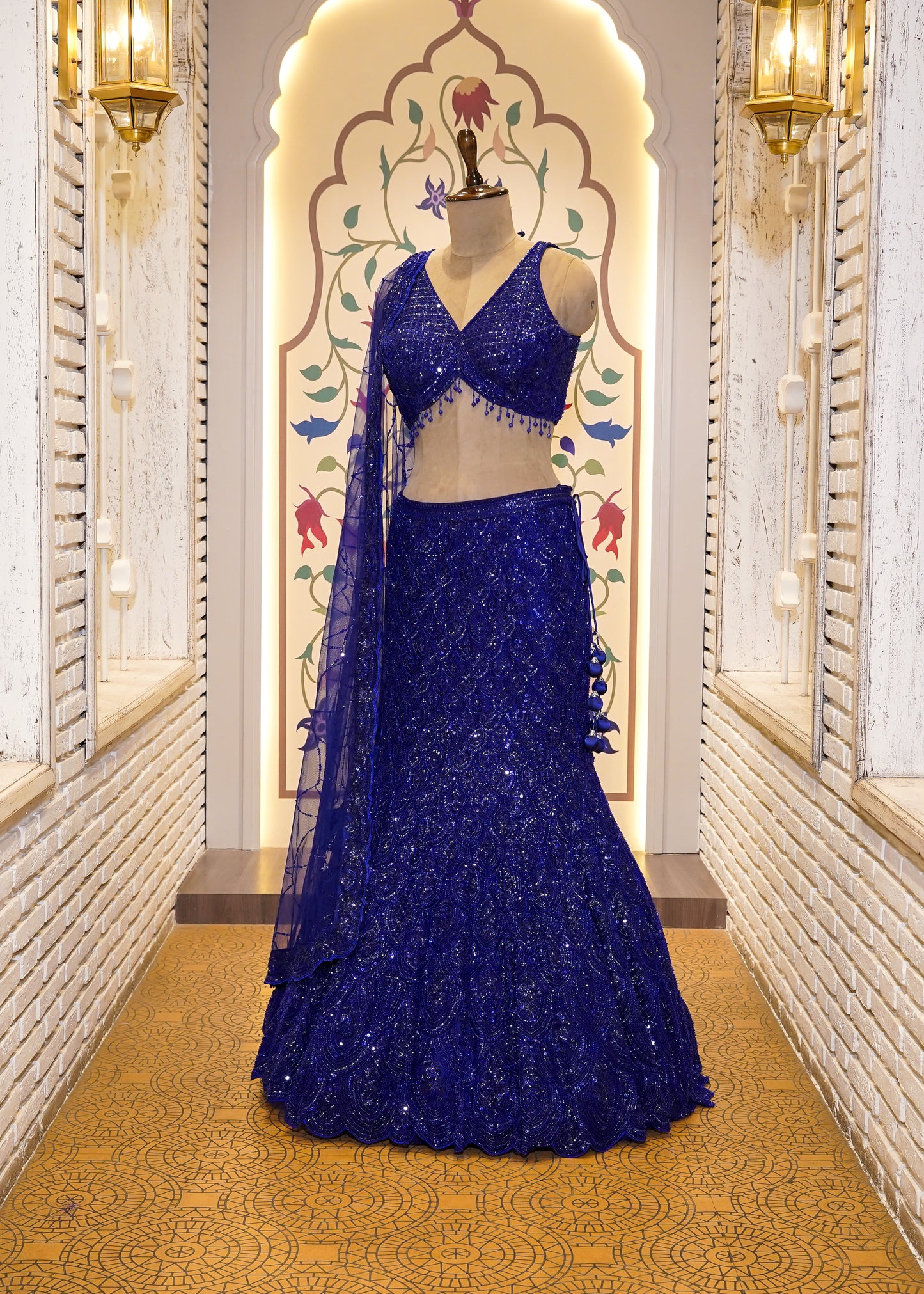 Electric Blue Bead Embroidered Crop Top Fish-cut Skirt Set