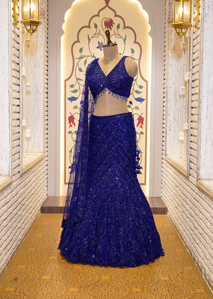 Electric Blue Bead Embroidered Crop Top Fish-cut Skirt Set