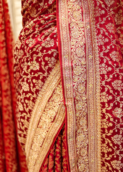 Nazini Mehroon Satin Silk Jaal Saree with Unstitched Blouse