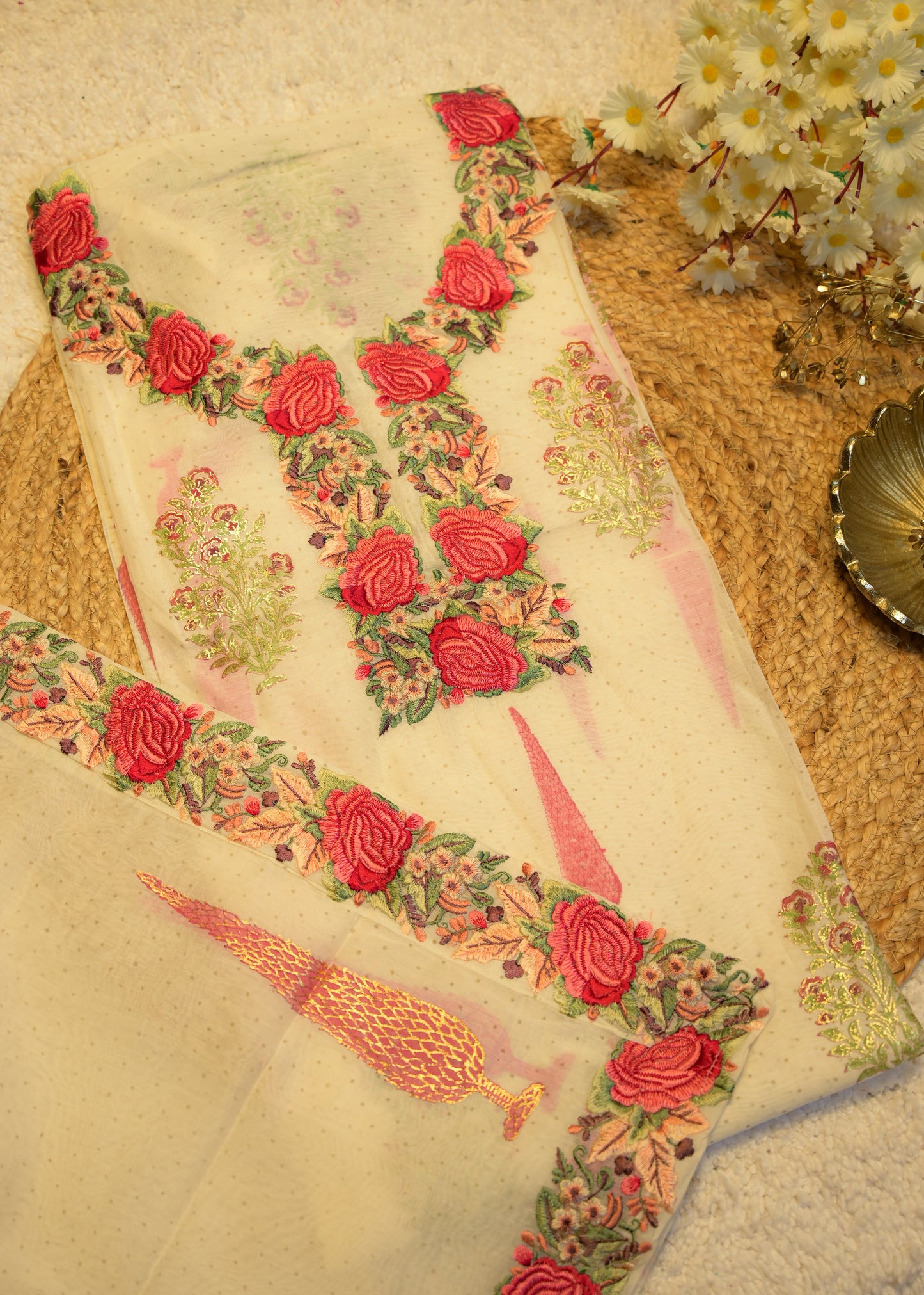 Sunahri Satin Stitch Embroidered Unstitched Suit Set