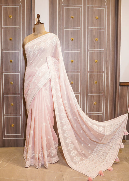 Pink Mul Cotton Thread Embroidered Saree with Unstitched Blouse
