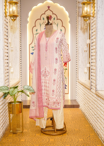 Ivory & Pink Cotton Printed 3 pc Kurti Set