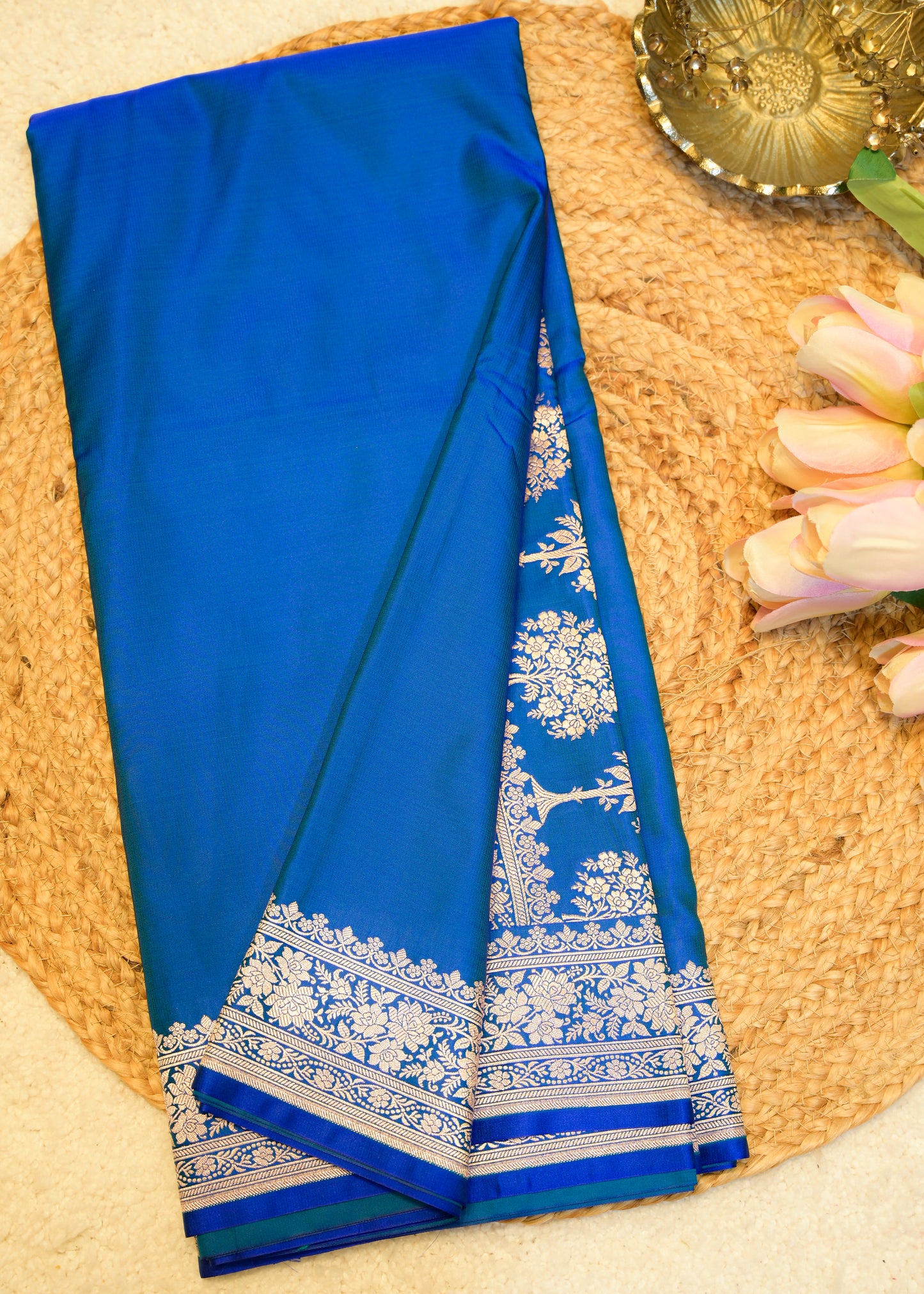 Peacock Blue Banarasi Kattan Silk Zari Border with Unstitched Blouse