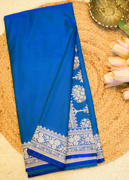 Peacock Blue Banarasi Kattan Silk Zari Border with Unstitched Blouse
