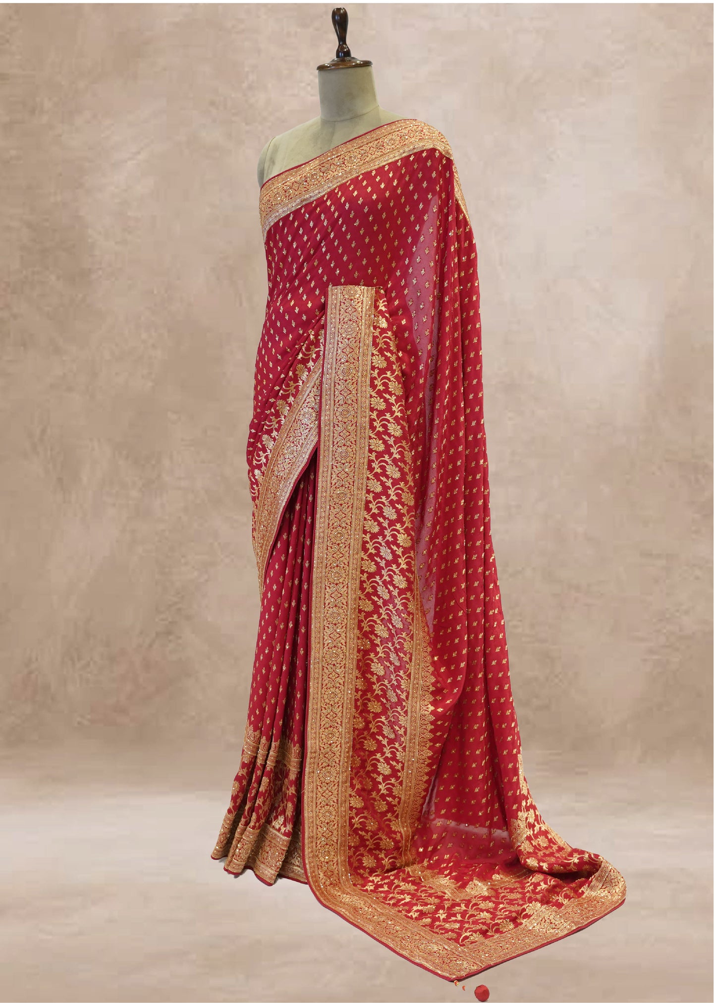 Red Booti Embroidered Dola Silk Saree with Unstitched Blouse