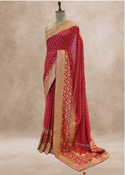 Red Booti Embroidered Dola Silk Saree with Unstitched Blouse