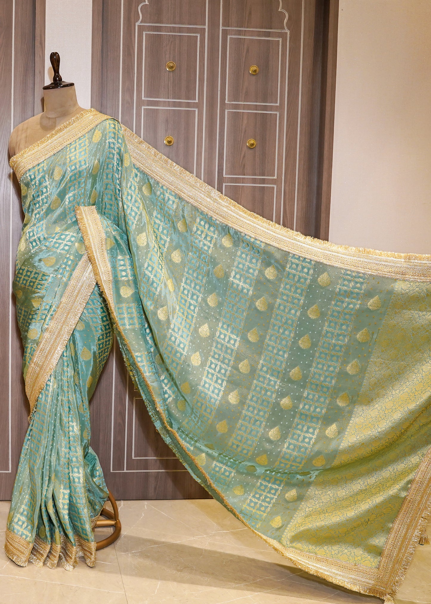 Sea Green Tissue Weaving Saree with Gota Lace and Unstitched Blouse