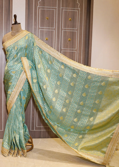 Sea Green Tissue Weaving Saree with Gota Lace and Unstitched Blouse