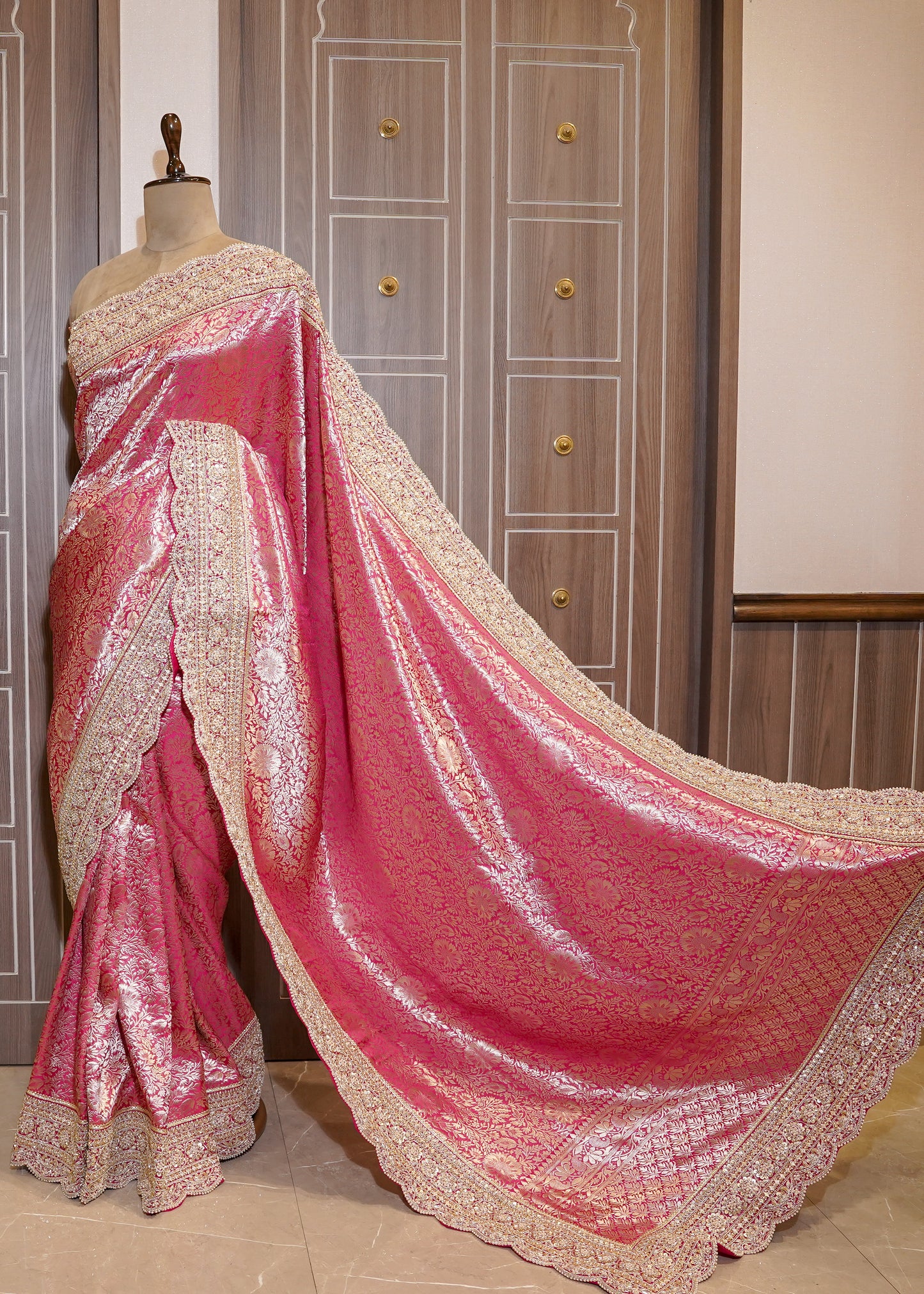 Rani Silk Bead Embroidered Border Saree with Unstitched Blouse