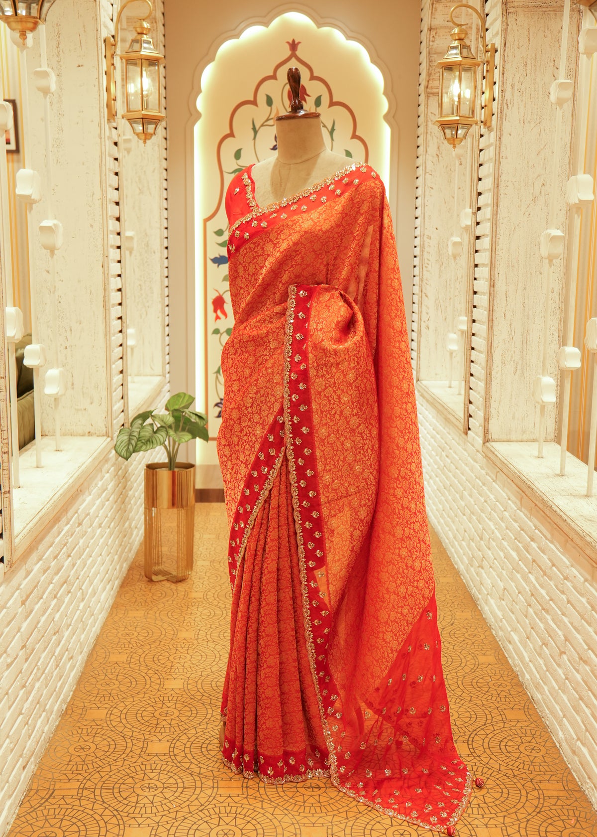 Mehrunissa Bright Orange-Red Banarasi Silk Saree with Stitched Blouse