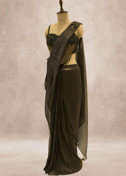 Charcoal Grey Crush Tissue Drape Saree With Hand Embroidered Black Crop Top