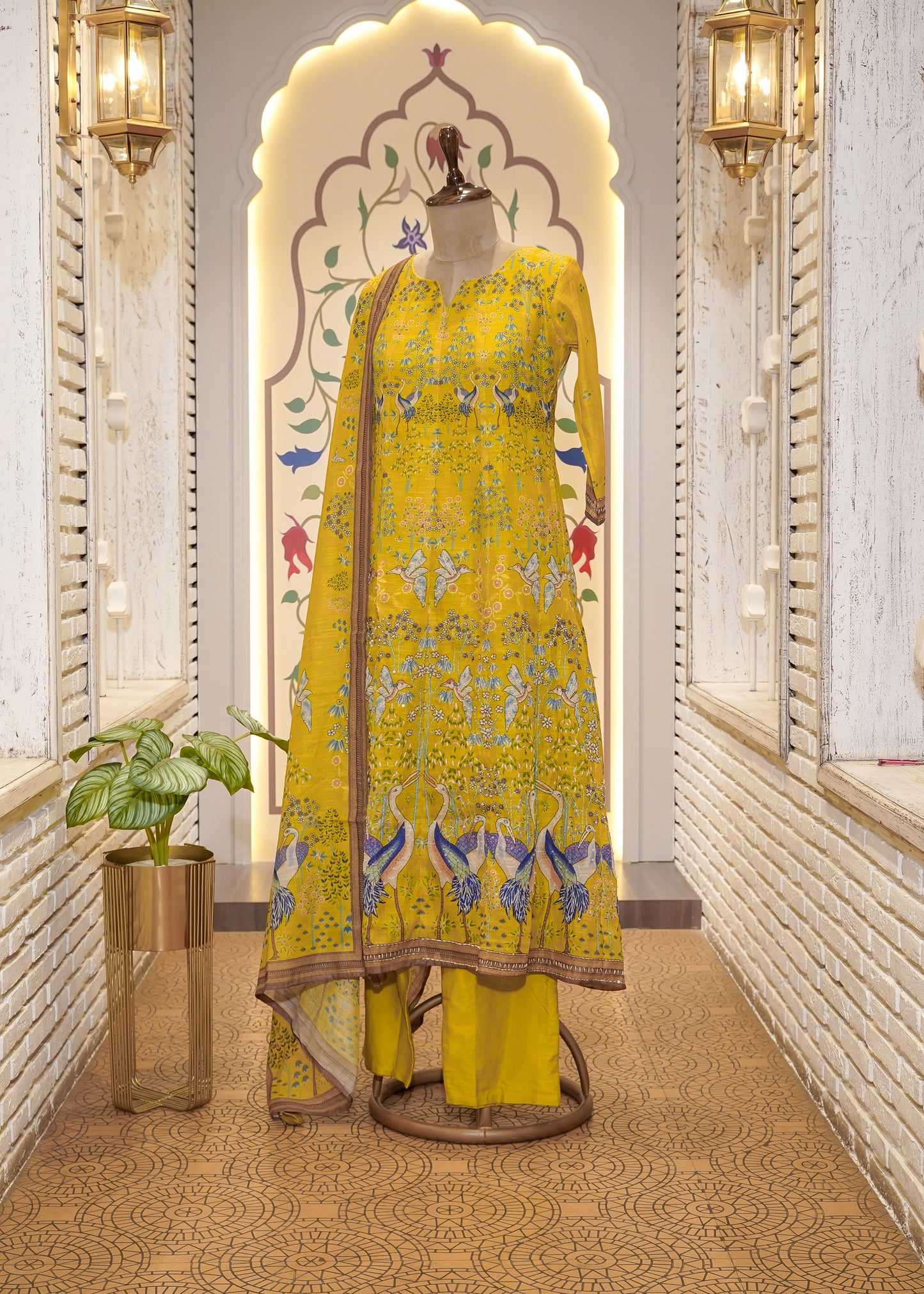 Neon Green Printed Anarkali 3 pc Kurti Set