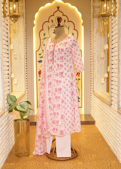 Amora Pink & White Comfy Stitched Suit Set