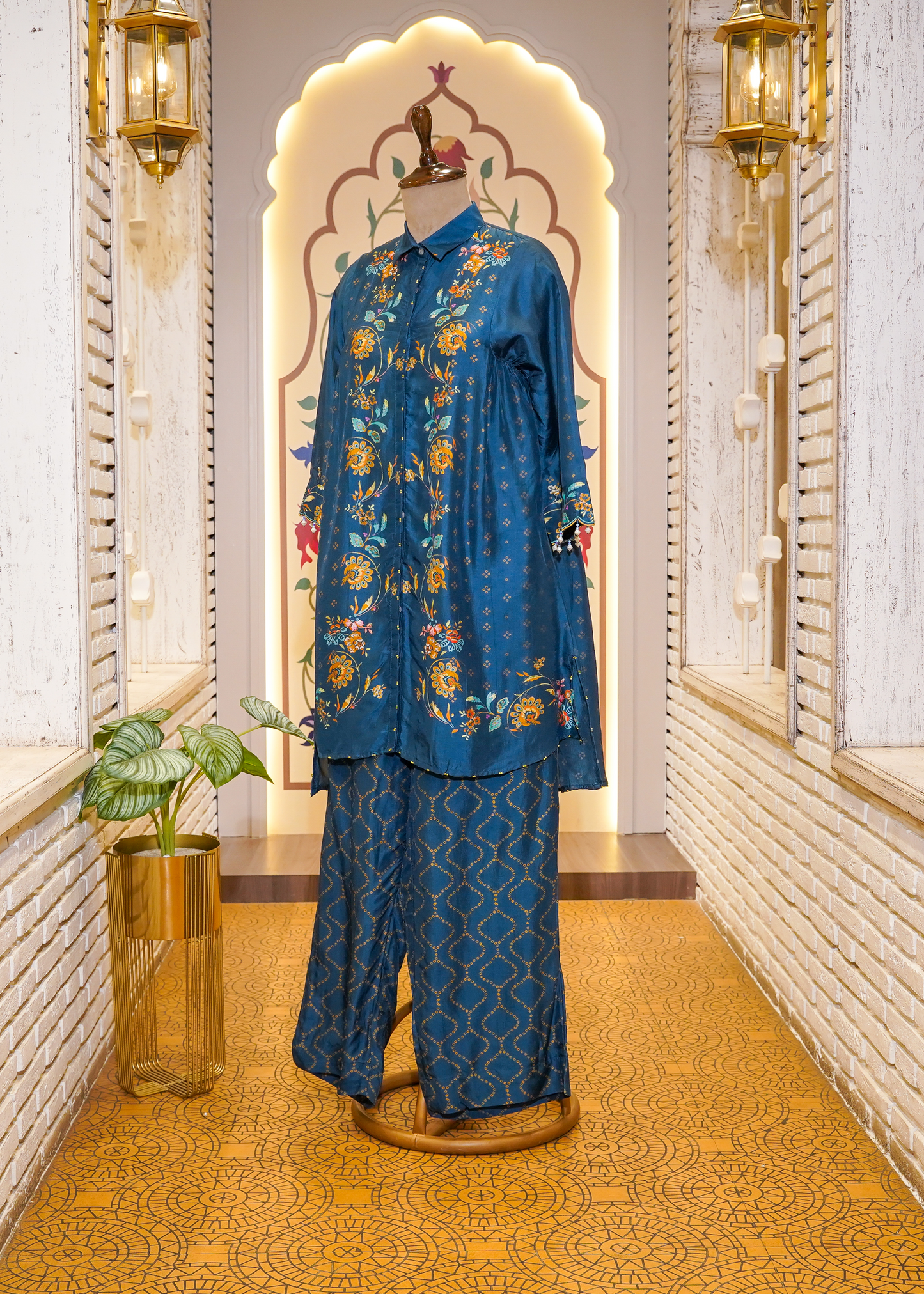 Blue Hand Embellished Printed Silk Co-ord Set