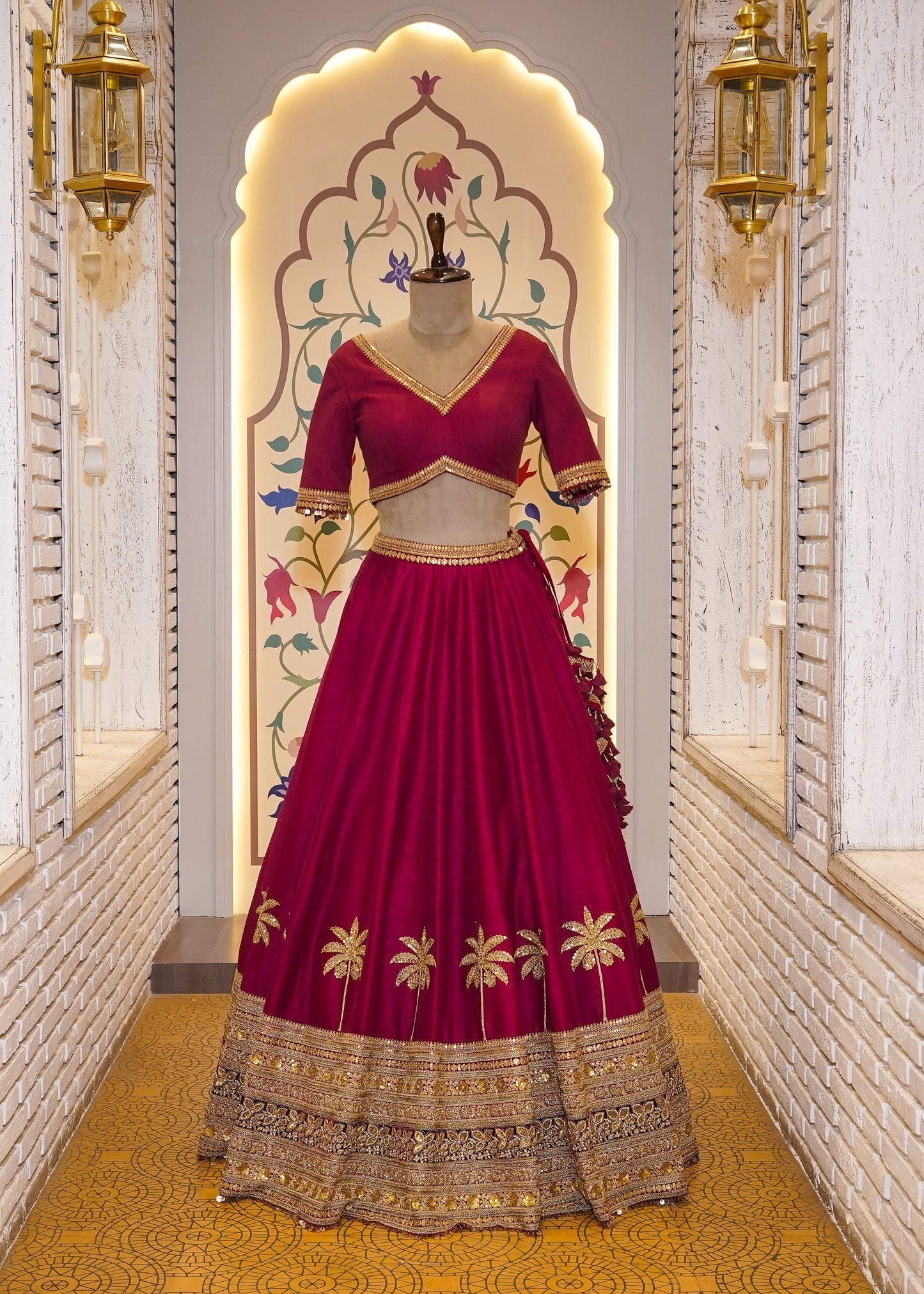 Mehroon Handcrafted Bridal Lehenga with Palm Tree Motifs & Single Dupatta