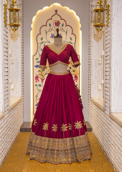 Mehroon Handcrafted Bridal Lehenga with Palm Tree Motifs & Single Dupatta