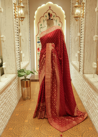 Ruhani Mehroon Booti Embroidered Dola Silk Saree with Unstitched Blouse
