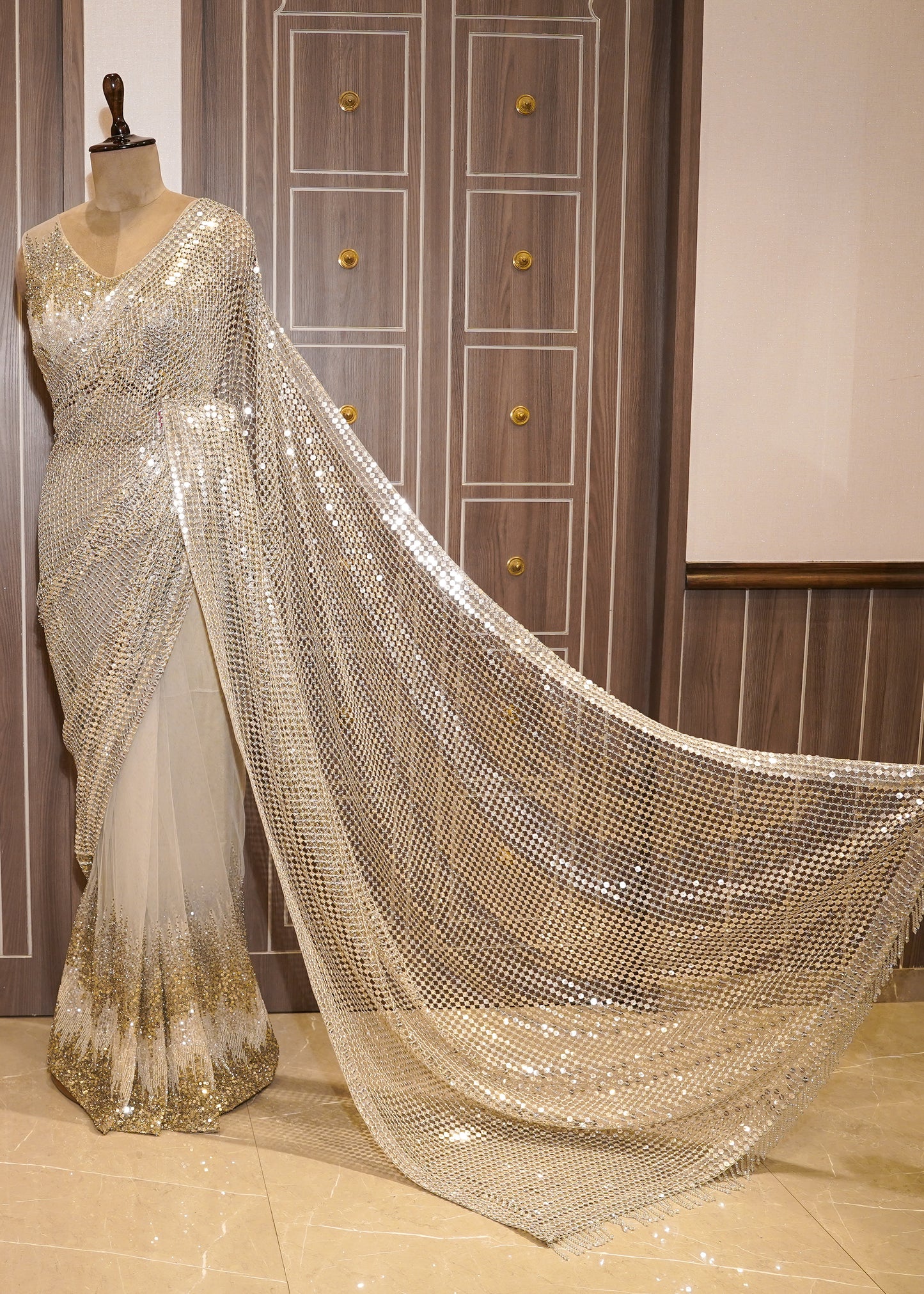Silver Designer Pallu Saree with Hand Embroidered Pletes and Stitched Blouse