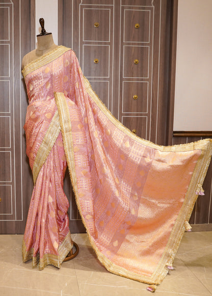 Pink Tissue Weaving Saree with Gota Lace and Unstitched Blouse
