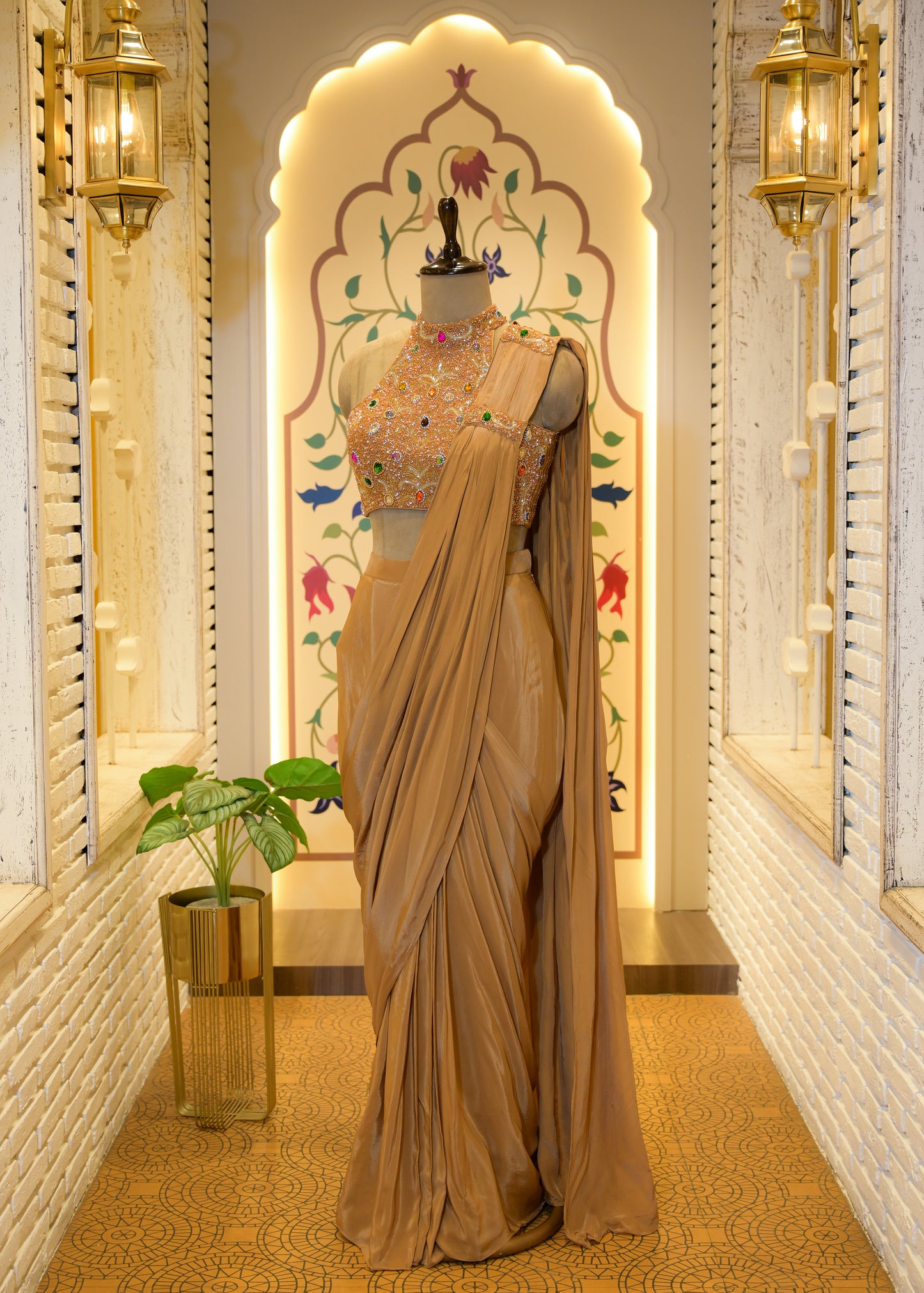 Zeenat Golden Gemstone Embroidered Pre Draped Saree