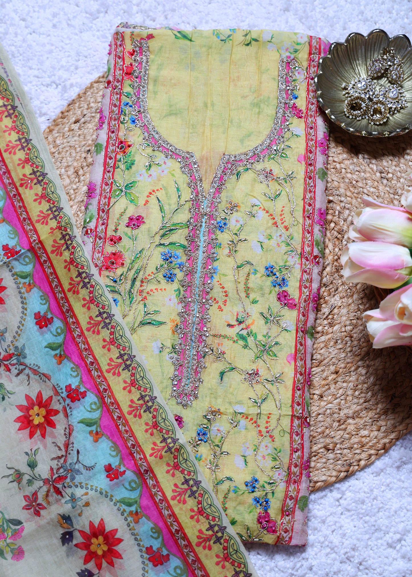 Butter Yellow & Blue Unstitched Suit Set