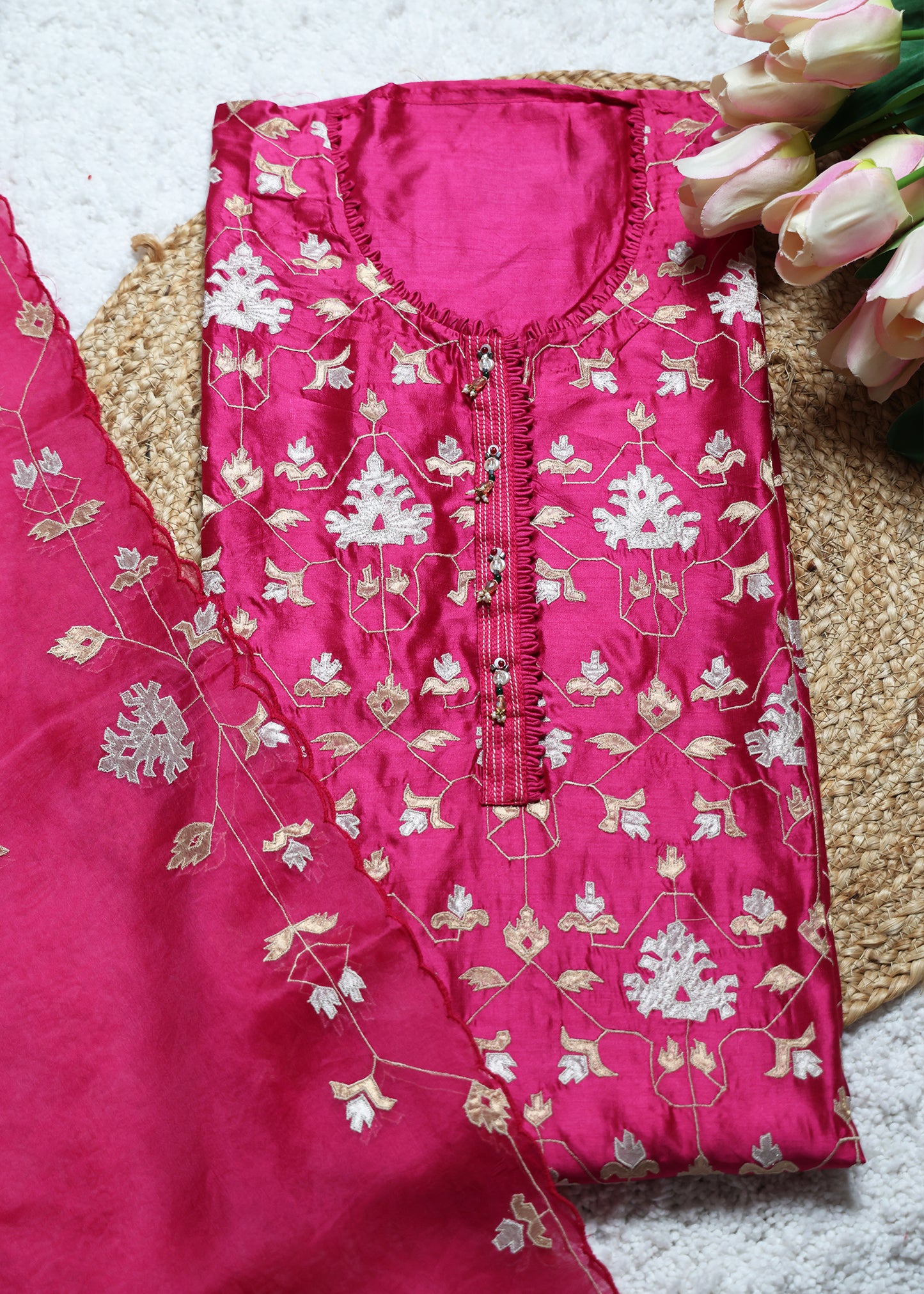 Pakhi Pink Applique Work Unstitched Suit Set