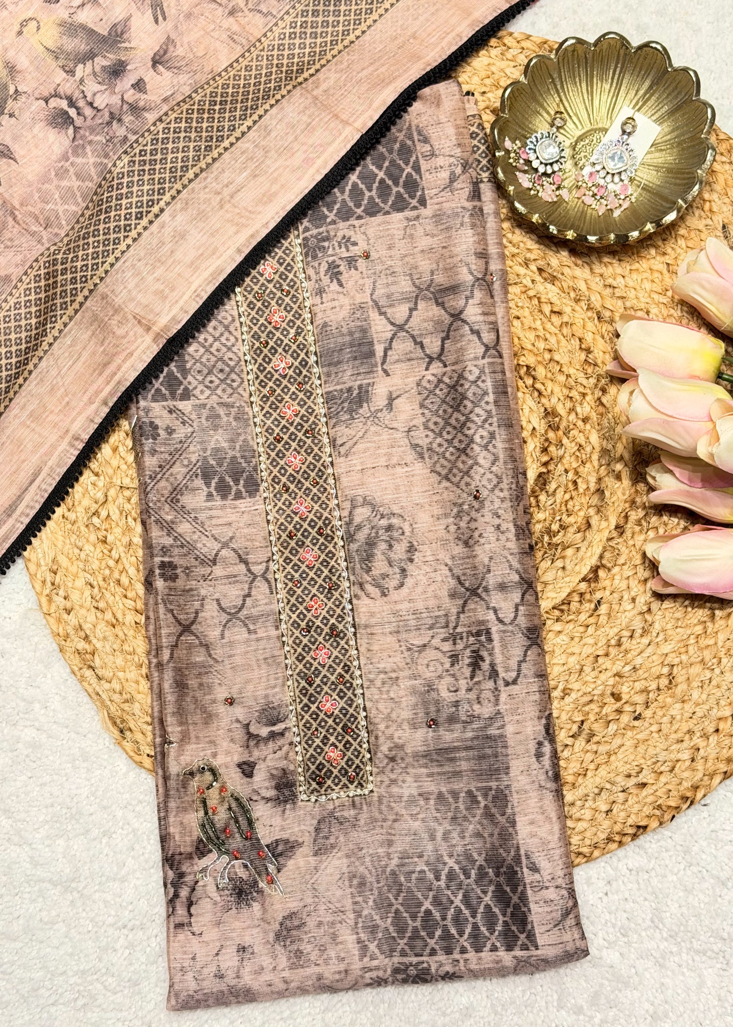 Mehraab Peach Printed Unstitched Suit Set