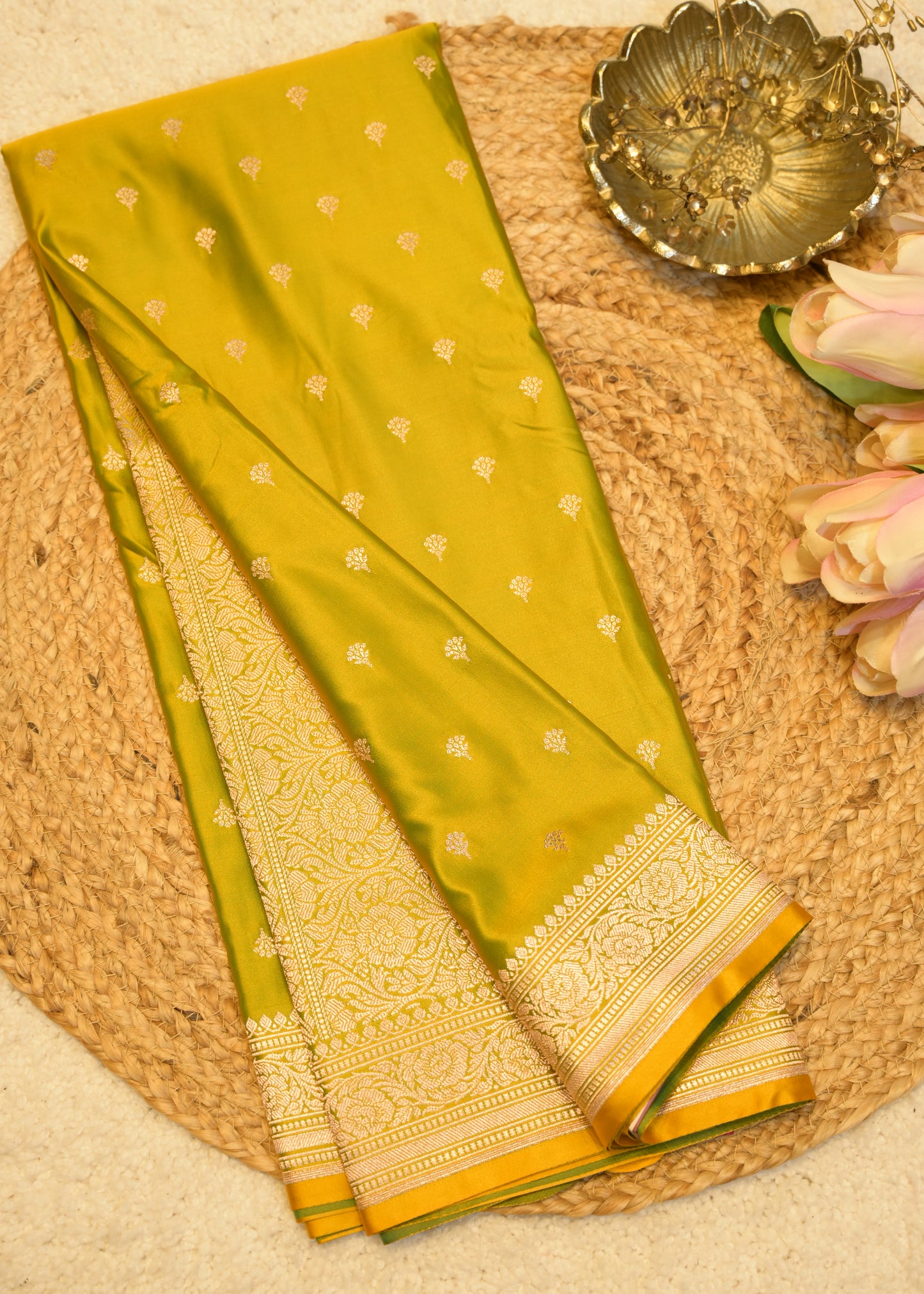 Lime Green Banarasi Kattan Silk Booti Zari Border with Unstitched Blouse