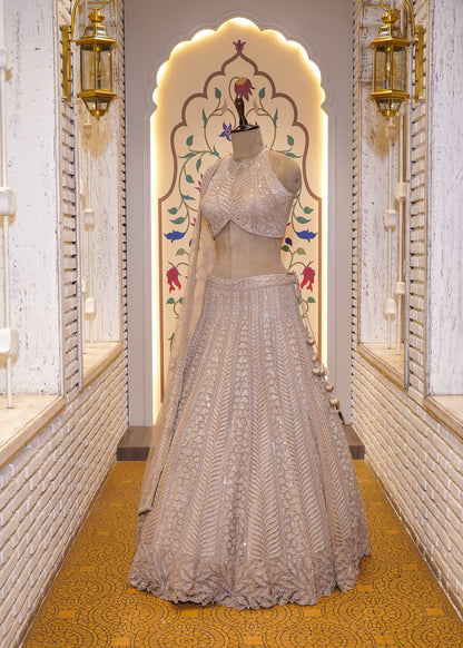 Beige Bead Embroidered Crop Top Skirt Set