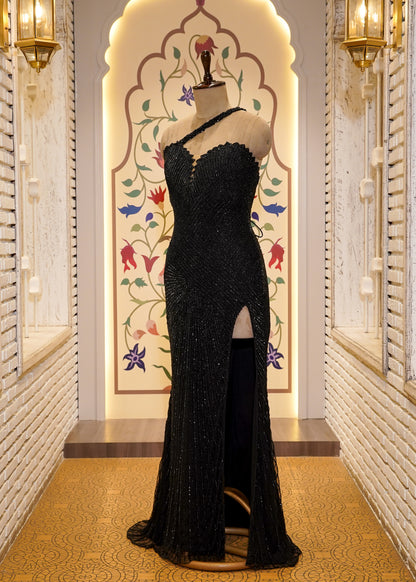 Black Hand Embroidered Body Hugging Gown with Slit