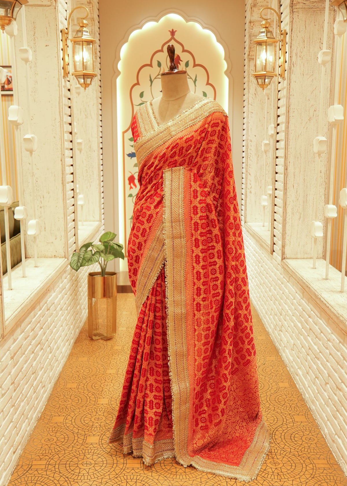 Aanya Fiery Orange-Red Bandhani Silk Saree with Stitched Blouse