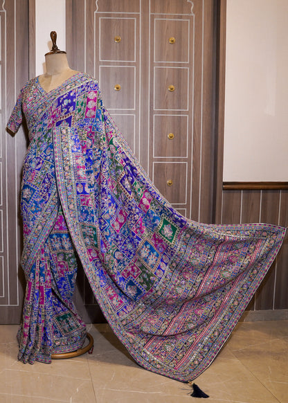 Blue Printed Zari Embroidered Designer Saree with Stitched Blouse