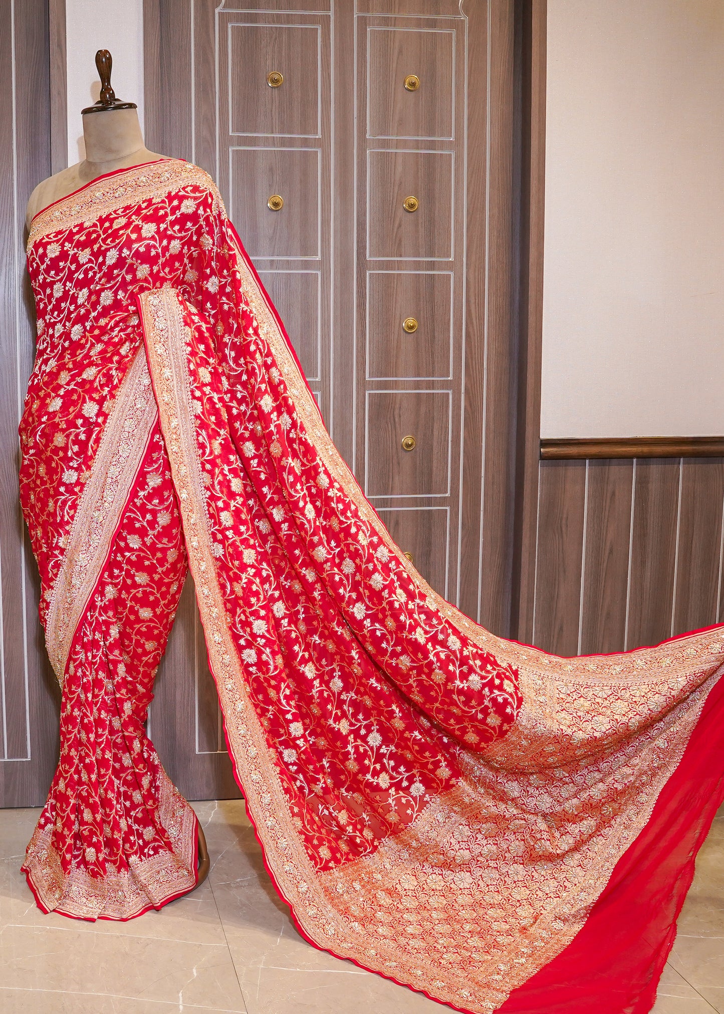 Red khadi Georgette Jaal Saree with Zardozi Embroidery