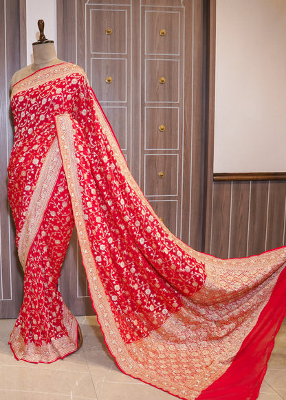 Red khadi Georgette Jaal Saree with Zardozi Embroidery